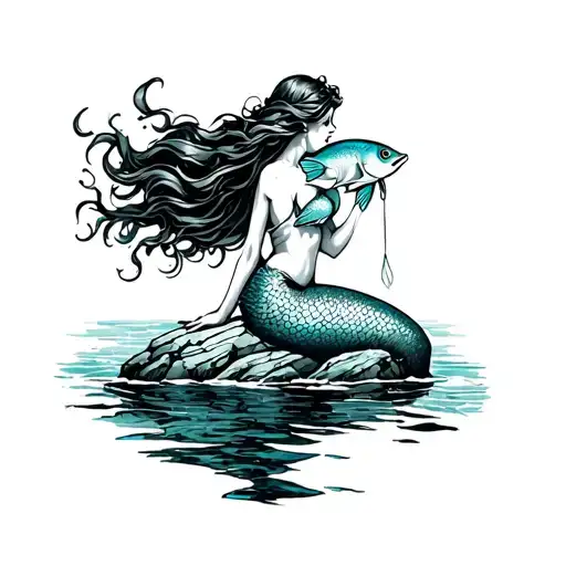 Mermaid On Rock Sea Holding Fish Line