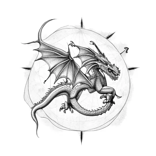 A Majestic Dragon Flying Over A World Map With Intricate Dotwork Details