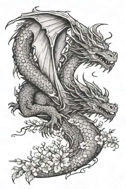 A Dragon Flying Over A Field Of Blooming Cherry Blossoms