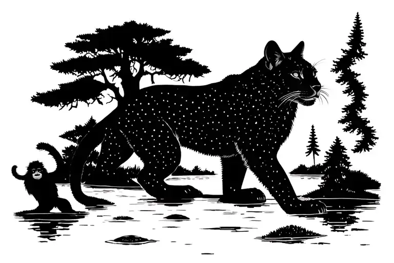 Puma In A Lake Surrounded By Monkey Puzzle Tree