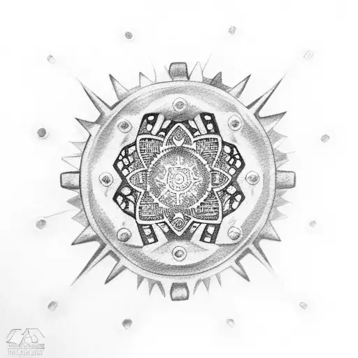 A Dotwork Tattoo Of A Car Engine With Gears Forming A Mandala