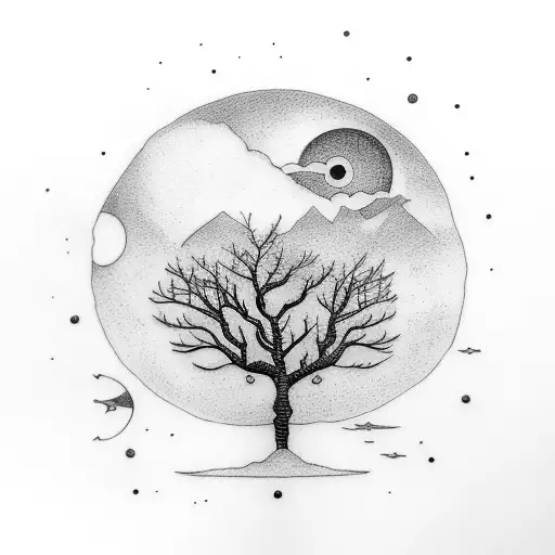 Tree Facing Ocean And In Ocean There Is A Simple Boat And Moon In The Sky