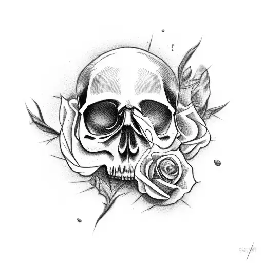Old Cracked Skull With A Rose Growing Out Of The Crack