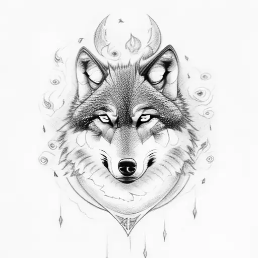 Wolf With Blue Eyes And Sword On Side With Fire And Smoke And Some Rose
