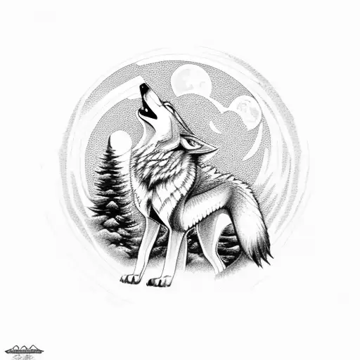 Wolf Howling At Moon With Pine Trees