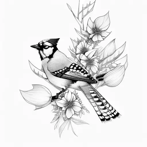 Blue Jay Bird With October Flowers On A Tree