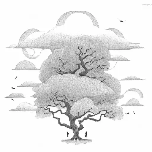 Oak Tree With Man Leaning Against It With A Girl And Dog Fishing With Clouds And A 99 In The Sky