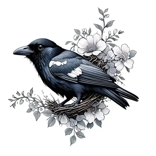 A Mother Crow Protecting Her Nest With Delicate Flower Accents
