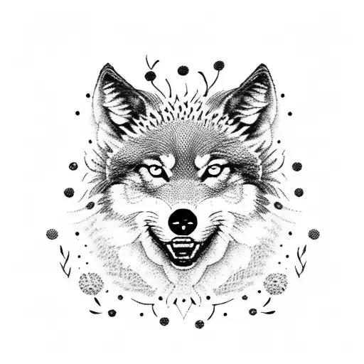 A Dotwork Design Featuring A Wolf And A Cat Surrounded By A Field Of Flowers