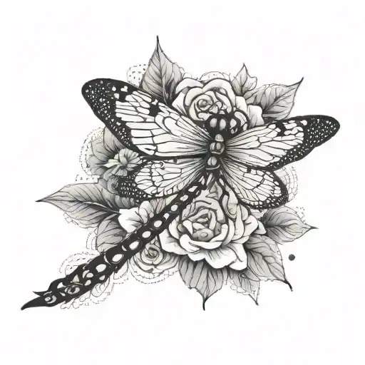 A Dotwork Tattoo Of A Dragonfly With Frida Kahlo's Face As The Body