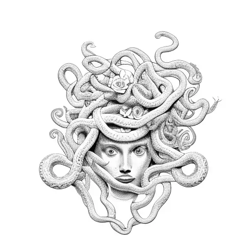 Medusa Head With Flowers Entwined With The Snakes