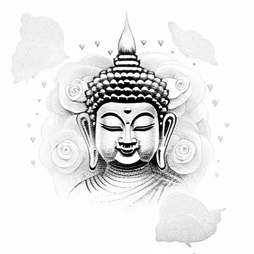 An Abstract Dotwork Tattoo Of A Stylized Buddha Surrounded By A Flock Of Birds And Blooming Flowers
