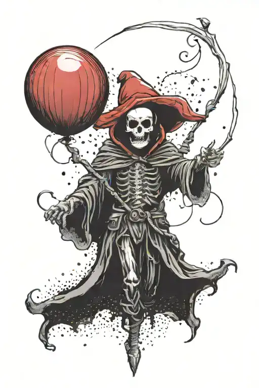 A Dotwork Tattoo Of A Red Balloon With A Subtle Grim Reaper Theme Incorporated Into The Design