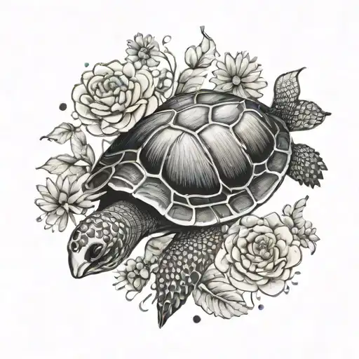 Turtle Swimming In Marigold And Chrysanthemum Flowers