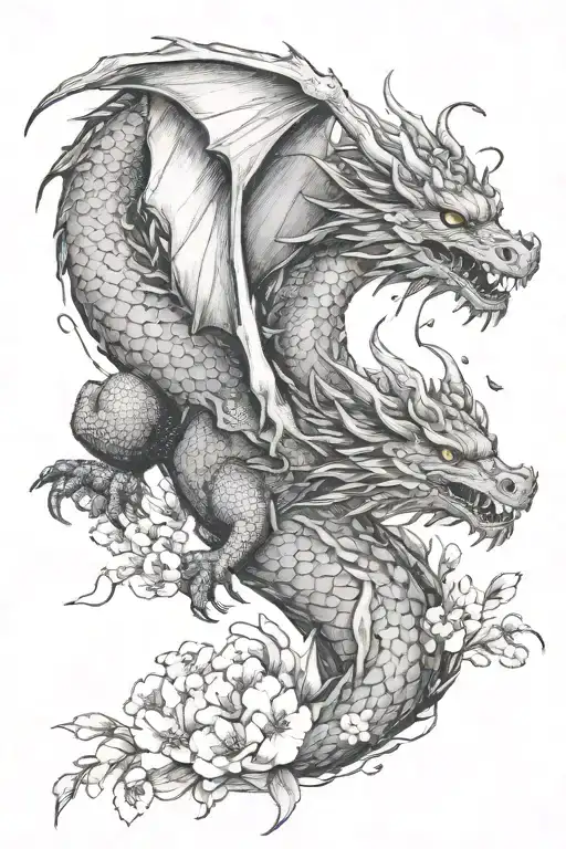 A Dragon Flying Over A Field Of Blooming Cherry Blossoms