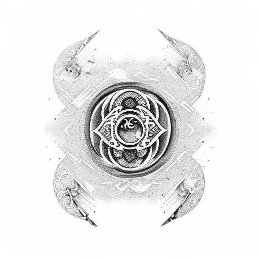 Dotwork Tattoo Of A Yin Yang Symbol Composed Of Drumsticks And Samurai Swords