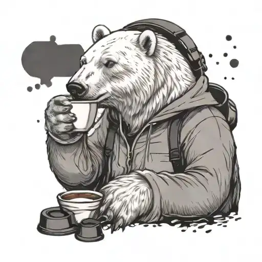 A Polar Bear Enjoying A Cup Of Coffee While Listening To Music On Headphones