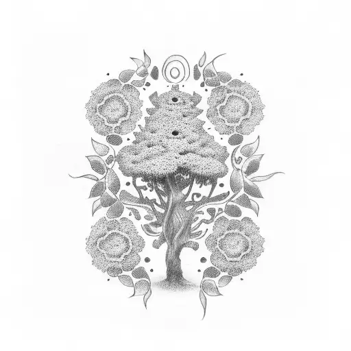 A Dotwork Tattoo Of A Money Tree With Intricate Floral Patterns