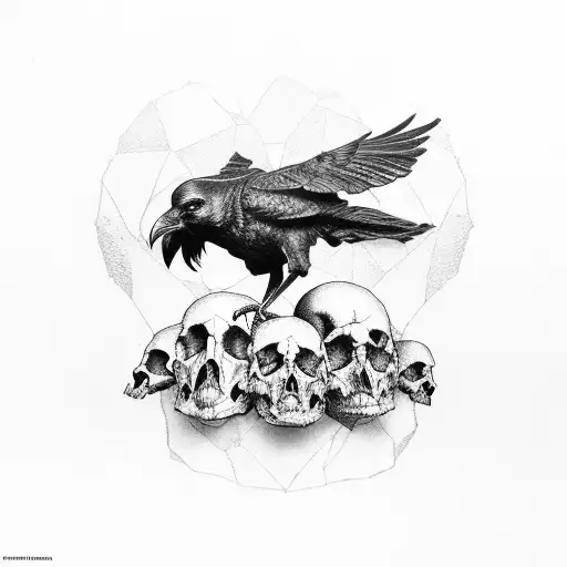 Raven On Top Of A Pile Of Skulls With 13 Carved Into Their Skulls