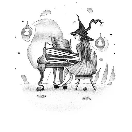 A Whimsical Illustration Of A Witch Playing The Piano In A Spooky Forest