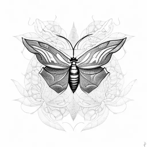 A Moth With Skeletal Wings Surrounded By Delicate Dotwork Flowers