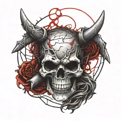 An Edgy Design Of A Skull Engulfed In Barb Wire With Red Highlights In A Dotwork Style