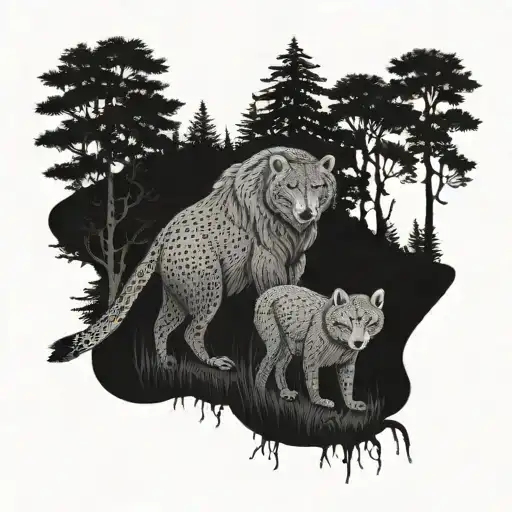 A Predatory And Protective Matriarch Of Two Children In A Very Sparse Forest Not Many Trees A Stream