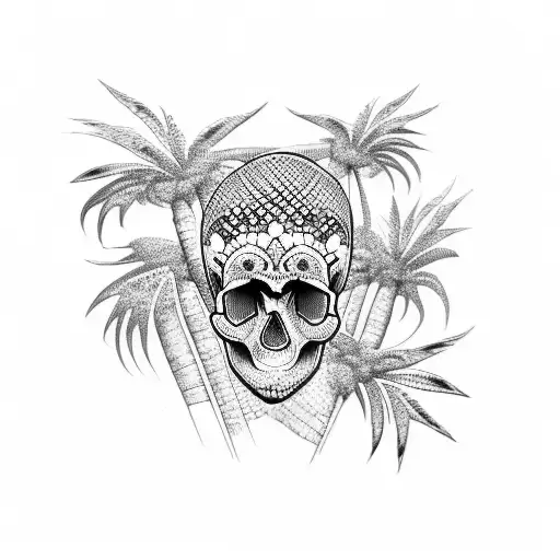 A Dotwork Tattoo Design Featuring A Skull Hand Grasping A Palm Tree With Intricate Patterns