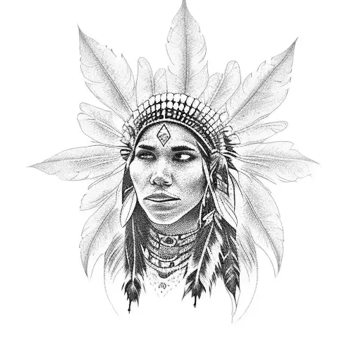 A Dotwork Tattoo Of A Peaceful Native American Woman Sitting On A Dock Surrounded By Nature