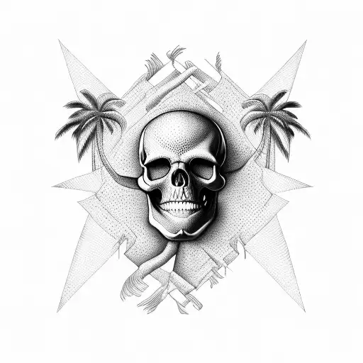 A Stylized Depiction Of A Skull Hand Carrying A Palm Tree In Dotwork Style