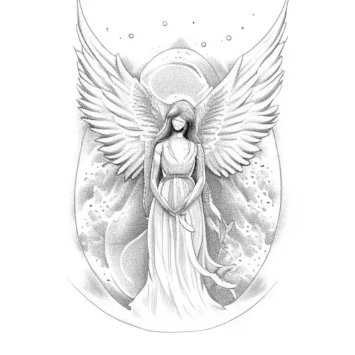 Angel With Tattoos On A Float In The Sea