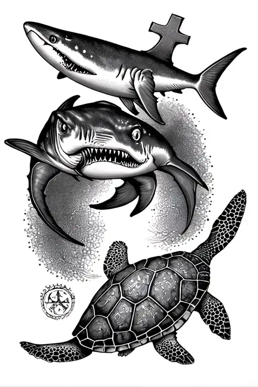 Shark And Ray And Tortle And Occitan Cross Tattoo Featuring