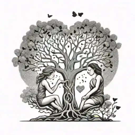 Mother And Two Children Tree Life Love Heart Union Evolution