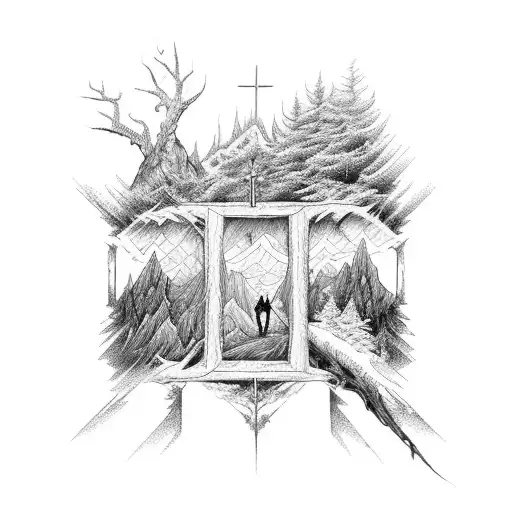 A Cross-shaped Window Frame Adorned With Intricate Forest And Mountain Designs