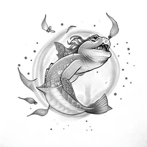 Draw In Tattoo Style A Mermaid Swimming With A Turtle