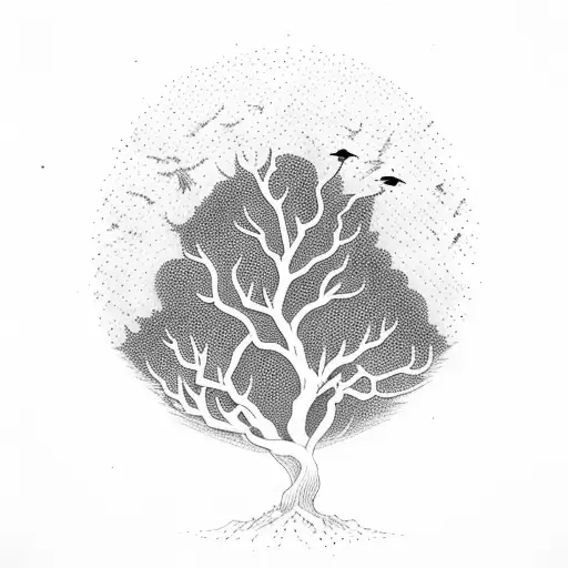 Dead Tree With Flock Of Birds Flying Out Silhouette