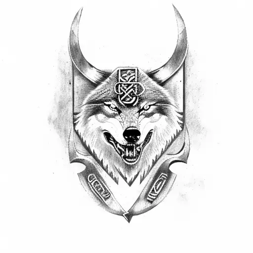 Viking Wolf With Axes Underneath And Runes On The Forehead