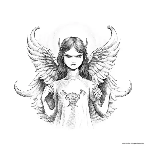 The Devils Little Angel In Cursive With A Devil And Angel