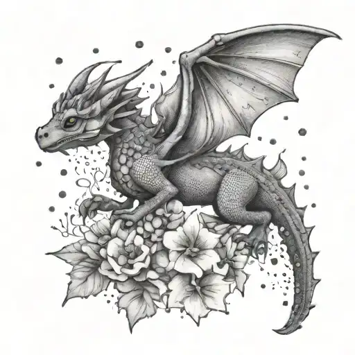 Tiny Dragon Flying With Larkspur Flowers
