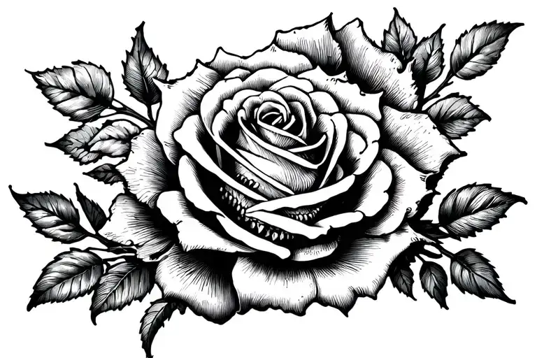 Skeleton And Rose Tattoo Design For The Leg