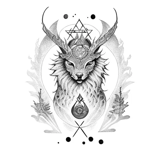 A Dotwork Tattoo Of A Mystical Creature Surrounded By Elements Of Nature And Tarot Symbols