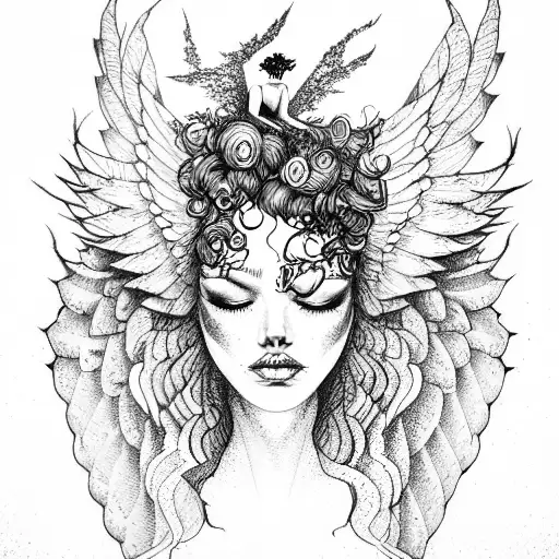 Tree Woman With Curly Hair And Dramatic Wings