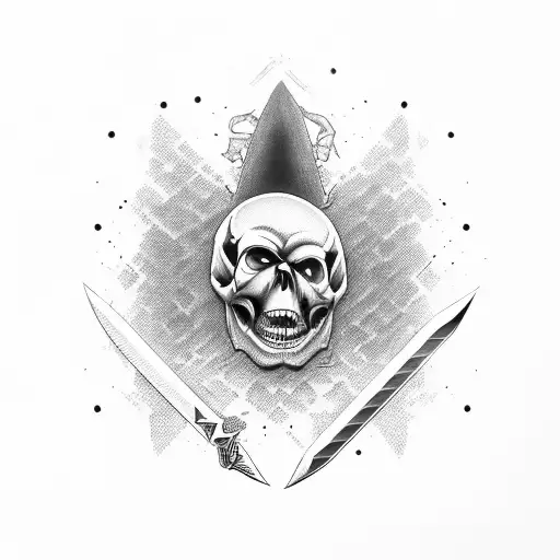 Katana Stabbed Through A Skull With Japanese Letters On The Blade