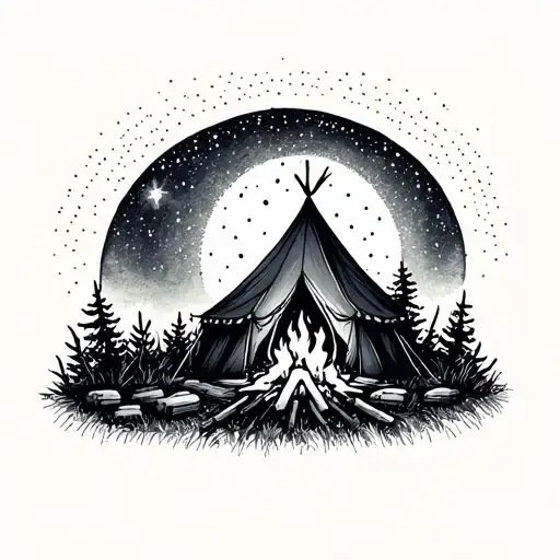 A Campfire Scene With A Tent Under A Starry Sky And A Full Moon