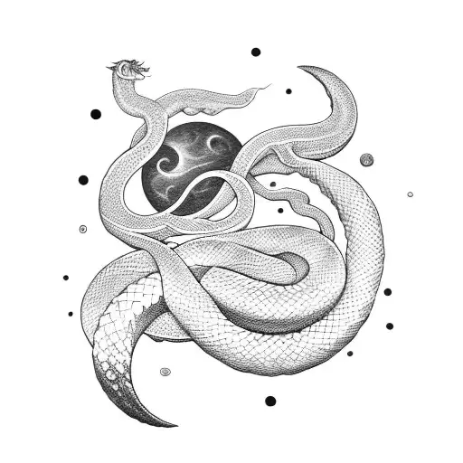 Snake Coiled Around A Crescent Moon