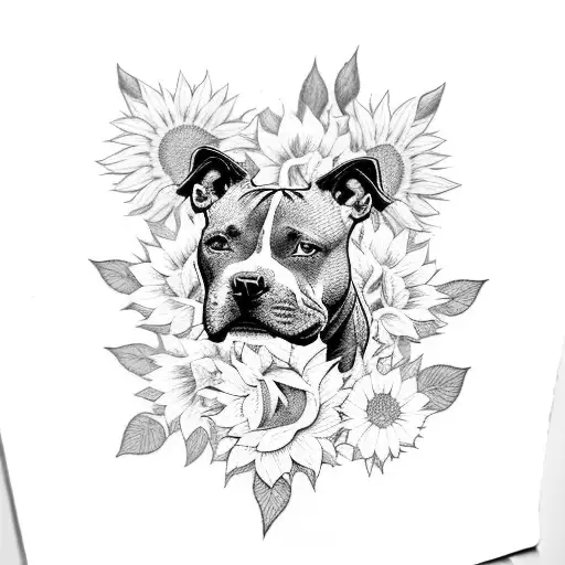 A Pitbull Surrounded By Sunflowers And Roses