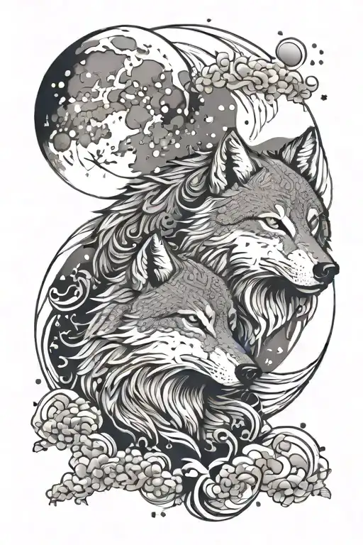 Moon And Wolf In Japanese Style