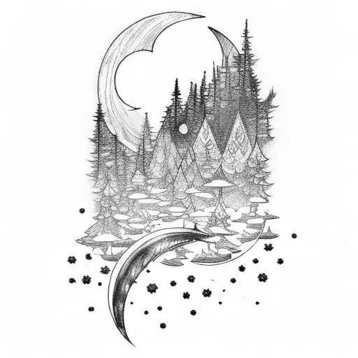 A Serene Nighttime Forest Scene With A Crescent Moon And Butterflies