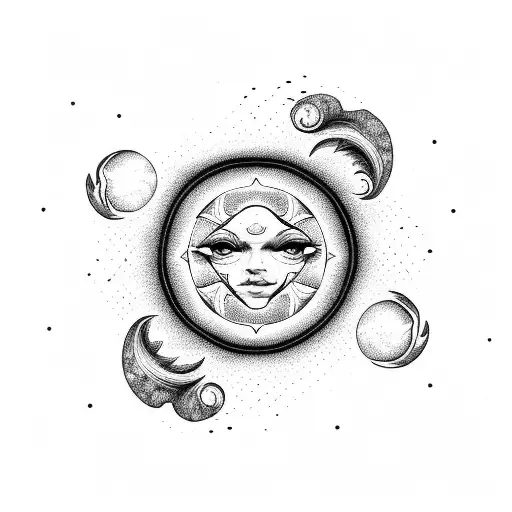 Sun Mountains And Waves In A Cicular Shape