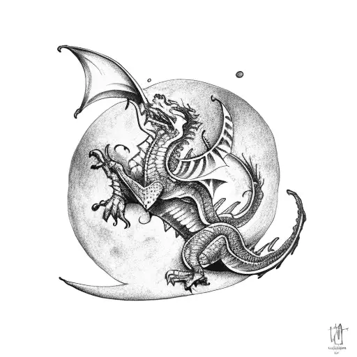 A Medieval Dragon Breathing Fire Towards A Crescent Moon